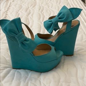 Teal wedges with bow ankles